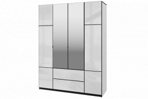Шкаф 4-х дверный Палермо 02 с ящиками и зеркалом Белый гладкий шелк/Черный гладкий шелк в Стрежевом - strezevoi.ok-mebel.com | фото